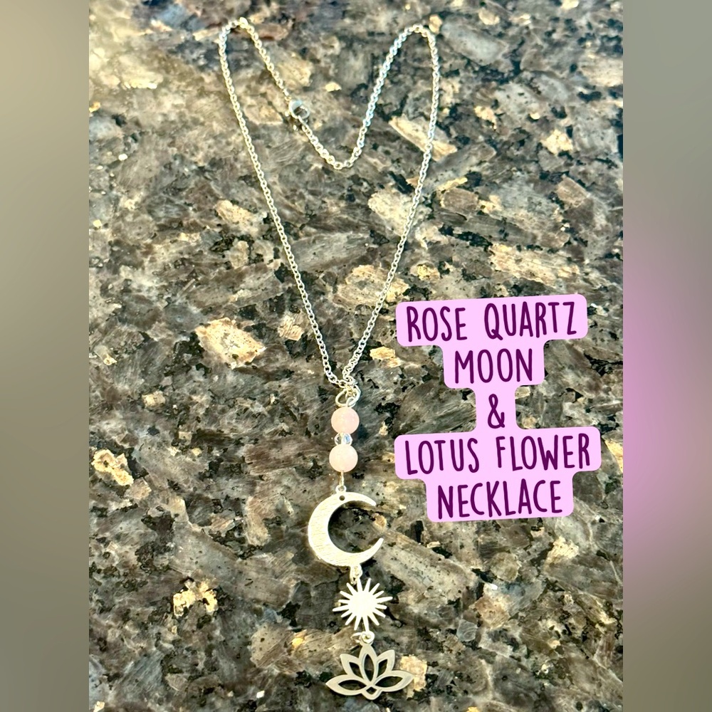 Rose Quartz Moon & Lotus Flower Necklace 🪷🌙